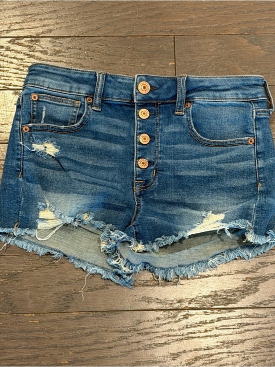 American Eagle Outfitters Pants - American Eagle Hi-Rise Shortie Distressed Denim Shorts Medium Wash Button Fly 4‎